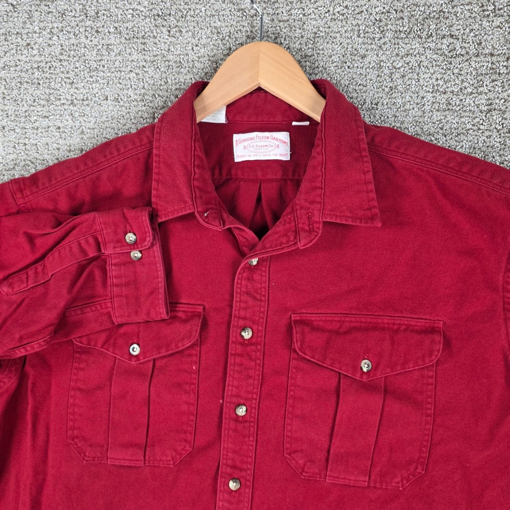 Vintage USA Filson Mens XXL Red Twill Button Shirt Long Double Pocket Outdoor